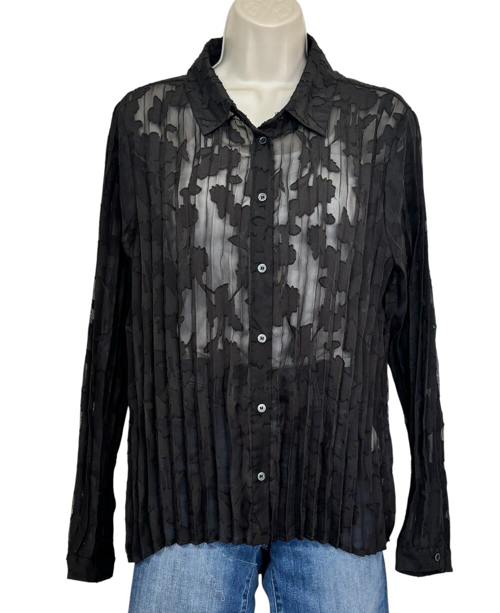 Zara Black Sheer Pleated Button Front Blouse Long Sleeve  Size Large
